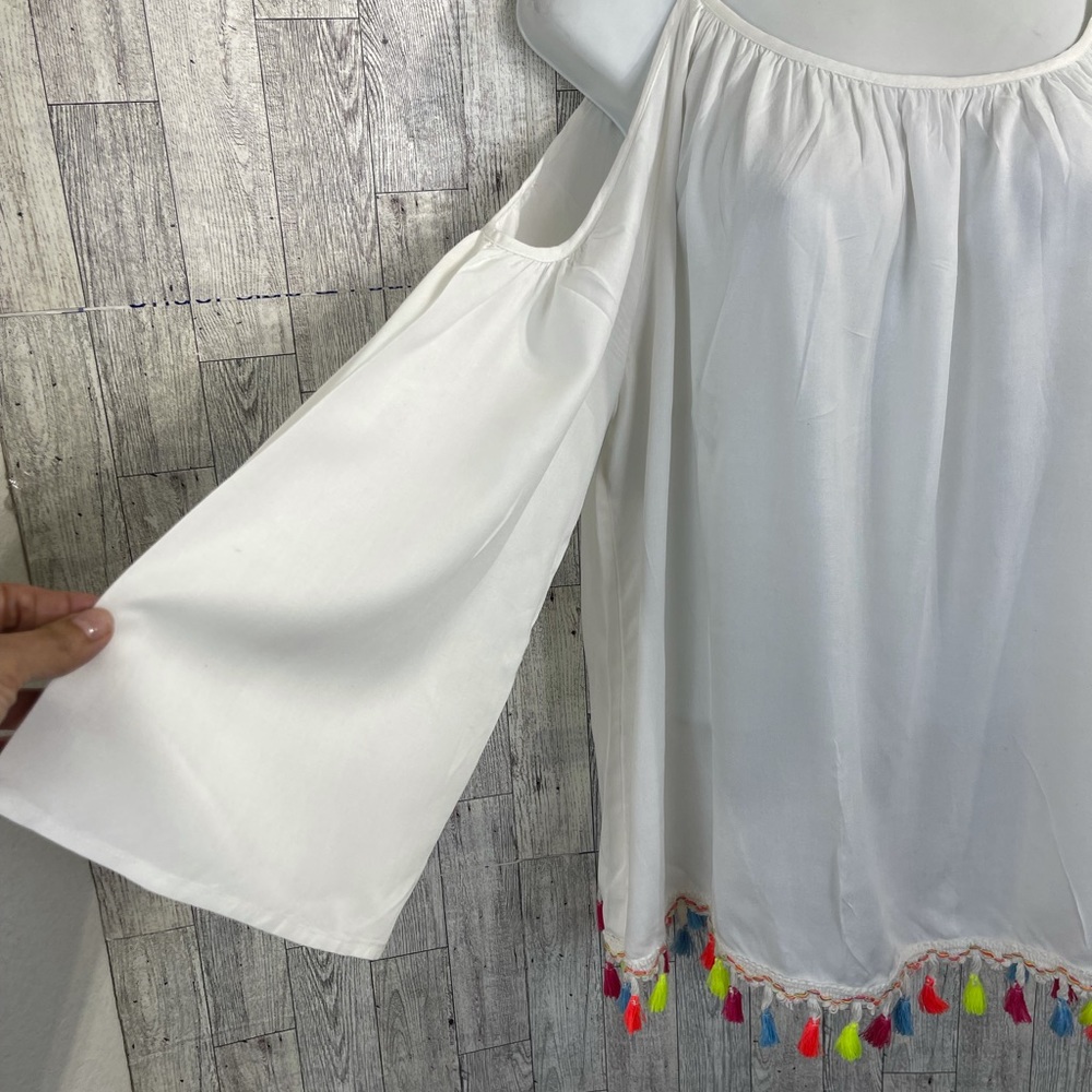 - Cold shoulder blouse with colorful tassels 3/4 sleeve